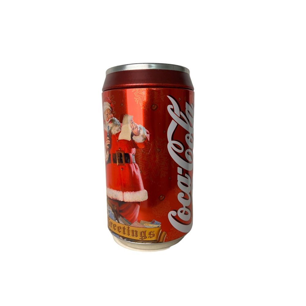 Vintage Coca Cola Greetings Santa Jumbo Tin Can‎ Coin Bank 8" High